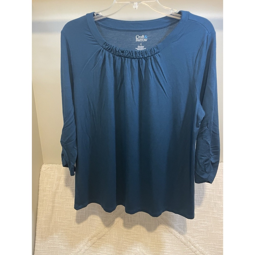 Teal Pleated Knit Scoop Neck Ruched 3/4 Sleeve Liquid Blouse Women's Size Large